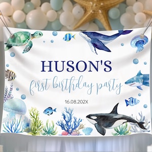 Fondo editable para fiesta de cumpleaños de Oneder The Sea, pancarta de cumpleaños bajo el mar, decoración para fiesta de cumpleaños oceánica para niño, plantilla imprimible. O004