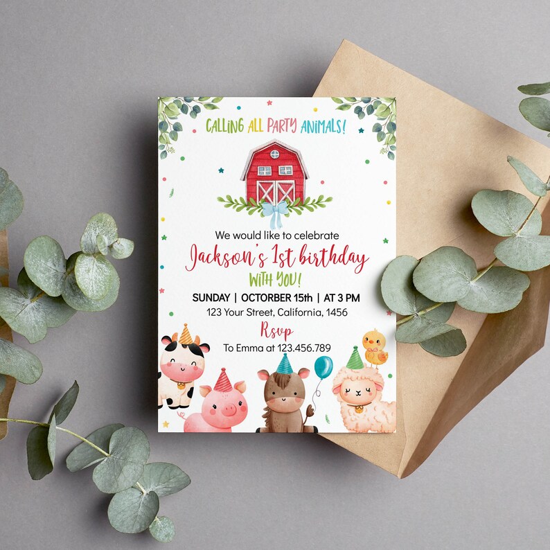 EDITABLE Farm Birthday Invitation, Barnyard Animals Invite, Boy 1st ...