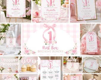 Editable Pink Bow Birthday Invitation Bundle, Blush Girl 1st Birthday Party Printables (Digital Download)