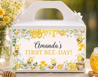 Bee Gable Box Label | First Bee Day Favor Box Label | Bumble Bee Birthday Decor | Editable Printable | Instant Download | H003