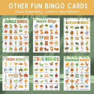 May include: Six colorful bingo cards with various themes, including Jungle, Nature, Safari, Farm, Bug, and Dinosaur. Each card features themed illustrations and the words "Bingo" at the top. The text "Other Fun Bingo Cards" is at the top.