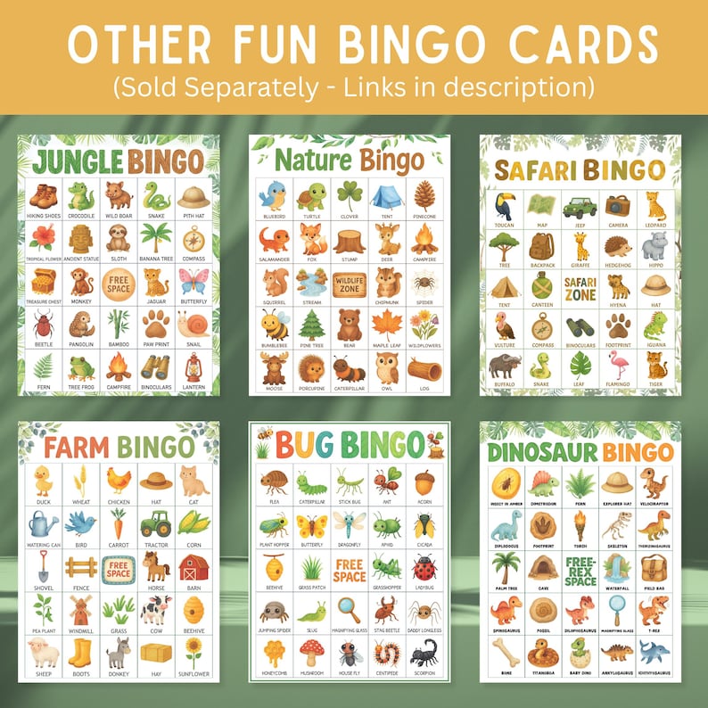 May include: Six colorful bingo cards with various themes, including Jungle, Nature, Safari, Farm, Bug, and Dinosaur. Each card features themed illustrations and the words "Bingo" at the top. The text "Other Fun Bingo Cards" is at the top.