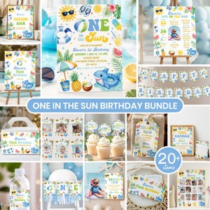 Peut inclure: Un ensemble de décoration d'anniversaire sur le thème One in the Sun avec des motifs de plage comme des requins, des ananas et des soleils. Comprend des invitations, des bannières, des décorations de cupcakes, des étiquettes et des étiquettes de bouteilles.