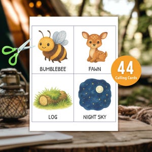 May include: A set of 44 calling cards featuring watercolor illustrations of a bumblebee, fawn, log, and night sky. The cards have a white background with the illustrations and corresponding words.