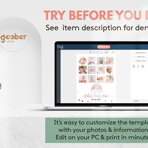 May include: A laptop screen displaying a customisable photo collage template with a rainbow graphic and the text Mila's First Year. The screen shows editing tools and a grid of baby photos. Text above reads TRY BEFORE YOU BUY! See item description for demo link.