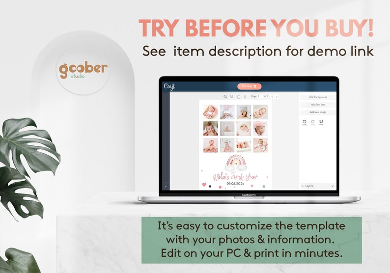 May include: A laptop screen displaying a customisable photo collage template with a rainbow graphic and the text Mila's First Year. The screen shows editing tools and a grid of baby photos. Text above reads TRY BEFORE YOU BUY! See item description for demo link.