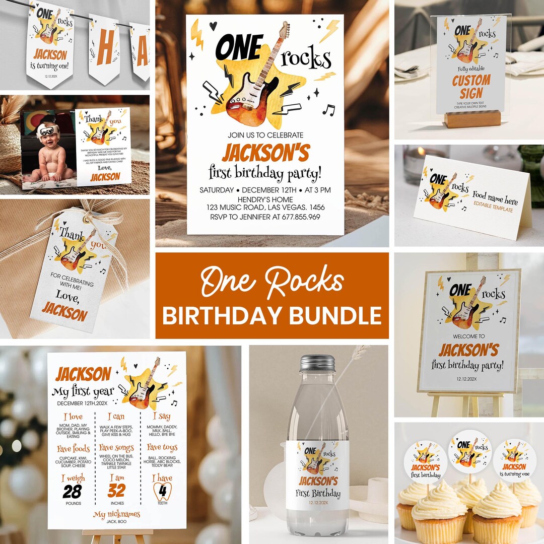 One Rocks First Birthday Editable Rock and Roll 1st Birthday Invitation Bundle, One Rocks ...