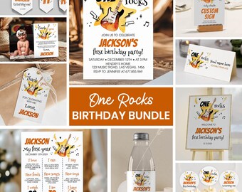 Editable Rock And Roll 1st Birthday Invitation Bundle, One Rocks Birthday Kit, Boy 1st Birthday Party Package, Printable Template. R008