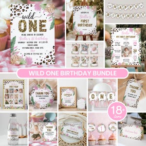 May include: A collection of party supplies with a "Wild One" theme. Includes invitations, signs, cupcake toppers, and thank you tags. The designs feature leopard print, floral accents, and the text "Stella's First Birthday".