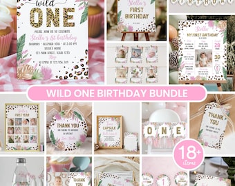 Wild One Safari Birthday Invitation Bundle | Leopard Print 1st Birthday Party Decor | Editable Pink Party Templates | Instant Download, W010