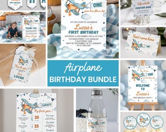 Editable Airplane Birthday Invitation Bundle, Vintage Airplane Birthday Party Kit, Airplane 1st Birthday Set, Printable Template. A001