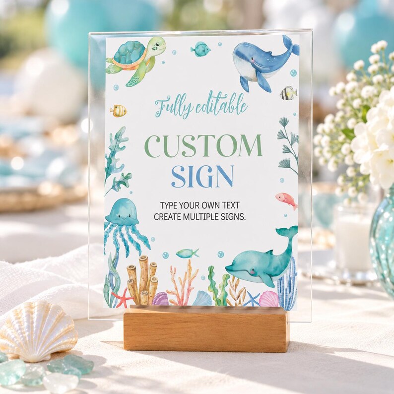 EDITABLE Under The Sea Birthday Party Sign, Ocean 1st Birthday Custom Sign, Ocean Birthday Party Table Sign, Printable Template. O009 image 1