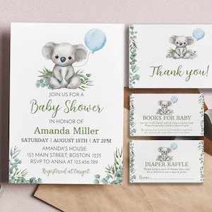 Conjunto de invitaciones editables para baby shower con diseño de koala, invitación para baby shower con diseño de koala, paquete para fiesta de baby shower con diseño de animales australianos, personalizable. K001