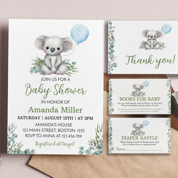 Editable Koala Baby Shower Invitation Set, Koala Baby Shower Invite, Australian Animal Baby Shower Party Bundle, Customizable. K001