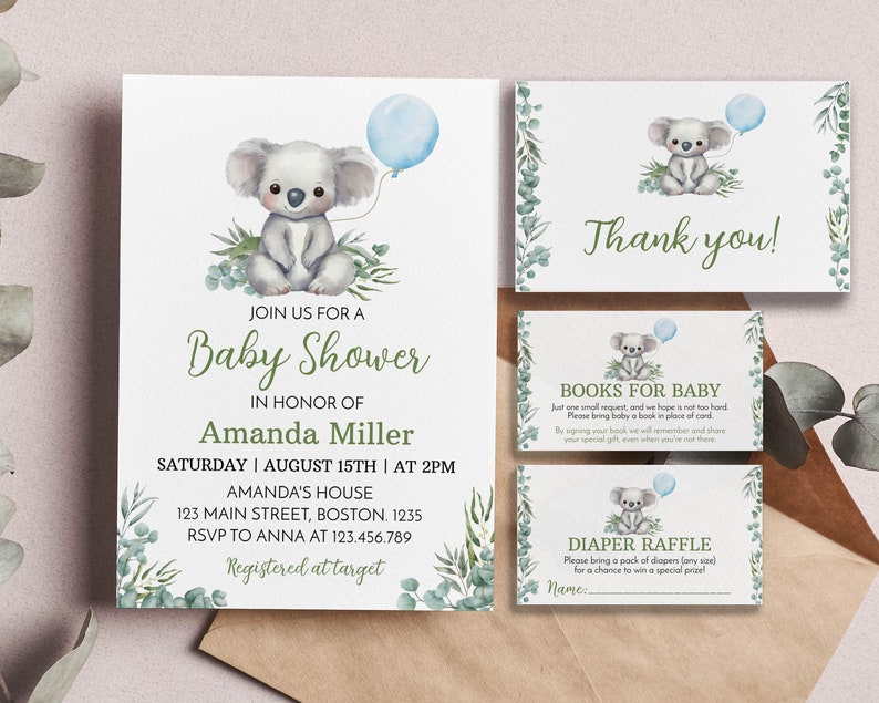 Bearbeitbares Koala-Babyparty-Einladungsset, Koala-Babyparty-Einladung, australisches Tier-Babyparty-Party-Bundle, anpassbar. K001 Bild 3