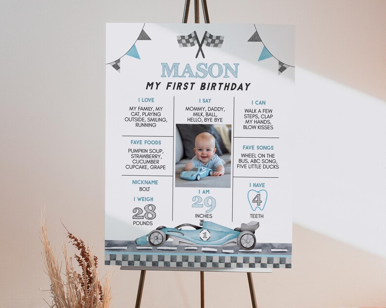 EDITABLE Race Car Birthday Milestone Poster, Race Car 1st Birthday ...