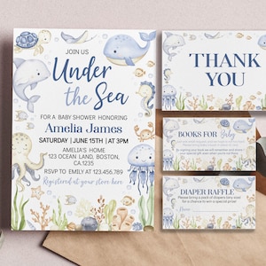 EDITABLE Under The Sea Baby Shower Invitation Set, Ocean Baby Shower Invite, Ocean Animals Baby Shower Invitation, Printable Templates. O015