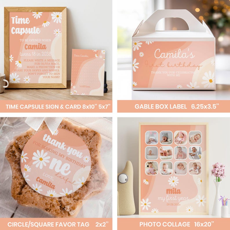 K&ouml;nnte beinhalten: Eine Sammlung von Partyartikeln mit G&auml;nsebl&uuml;mchen-Motiv. Enth&auml;lt ein gerahmtes Zeitkapselschild, eine Karte, ein Gable-Box-Etikett, eine Fotocollage und ein Gastgeschenkanh&auml;nger. Der Text enth&auml;lt die Namen "Camila" und "Mila".