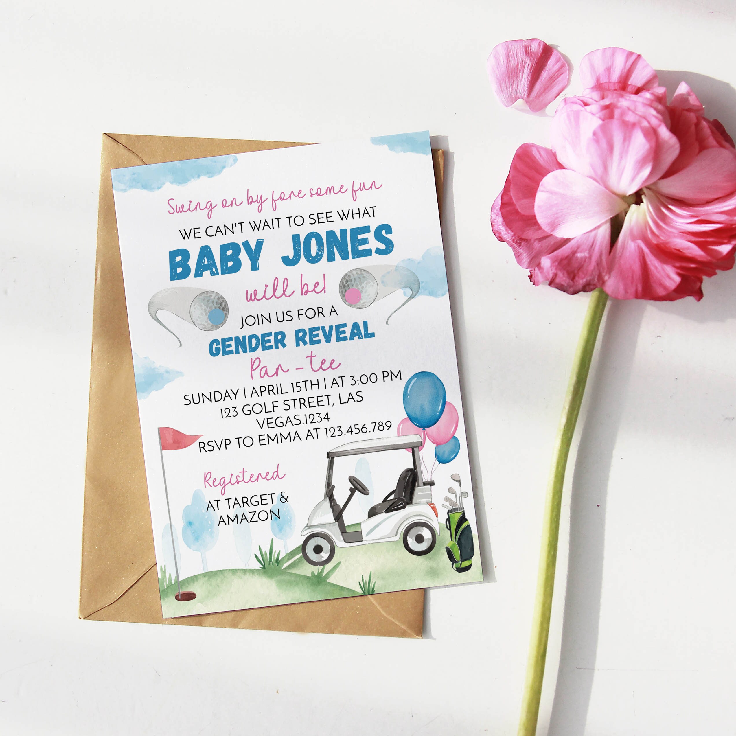 EDITABLE Golf Gender Reveal Invitation Golf Ball Gender Etsy