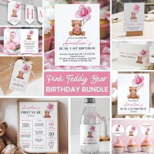 Bewerkbare eerste verjaardagsuitnodiging voor Beary meisje bundel, teddybeer party decor kit, roze 1e verjaardag uitnodiging set sjablonen. T004