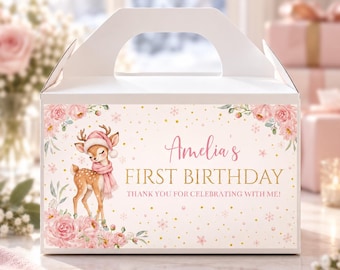 Winter Onederland Gable Box Label | Deer First Birthday Favor | Pink Floral Party Box Sticker | Editable Favor Label | D022