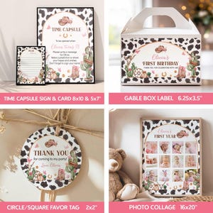 May include: A collection of party stationery featuring a cow print pattern, western-themed illustrations of cacti, cowboy hats, and boots. Includes a time capsule sign and card, a gable box label, a circular favor tag, and a photo collage board.