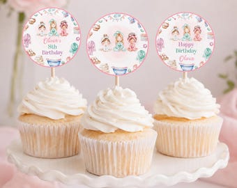 Spa Birthday Cupcake Toppers, Editable Spa Party Decorations, DIY Printable Spa-Themed Cupcake Toppers, Girl Birthday Party. S021