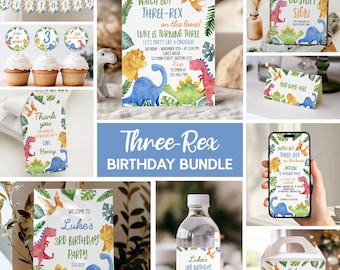 May include: A birthday party bundle with a dinosaur theme. The bundle includes a welcome sign, invitations, cupcake toppers, favor tags, water bottle labels, a favor box, and a custom sign. The colors are blue, green, yellow, and orange. The text on the invitations says "Watch out Three-Rex on the loose! Luke is turning three. Let's party like a dinosaur!"