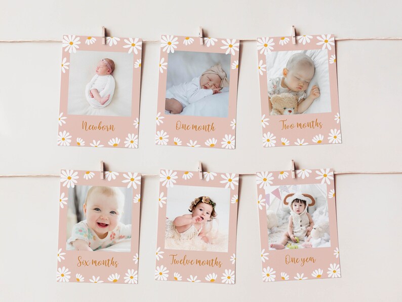 Puede incluir: Una guirnalda de fotos rosa y blanca con margaritas impresas en cada tarjeta. Cada tarjeta presenta una foto de un beb&eacute; a diferentes edades, con la edad escrita debajo de la foto. Las edades son: Reci&eacute;n nacido, Un mes, Dos meses, Seis meses, Doce meses y Un a&ntilde;o.