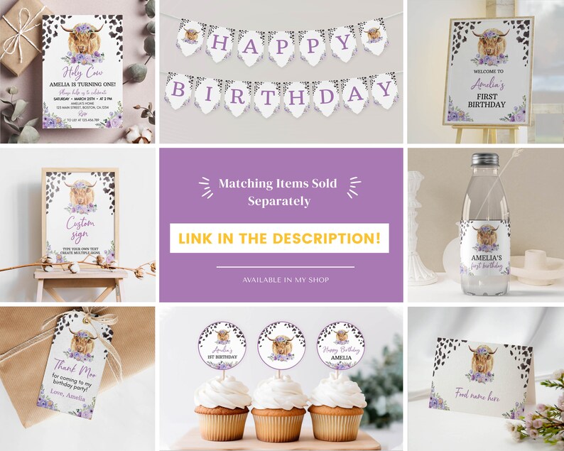 May include: A collection of party stationery featuring a highland cow illustration with purple floral accents and black and white cow print borders. Items include an invitation, a Happy Birthday banner, welcome signs, water bottle labels, favor tags, cupcake toppers, and food cards.