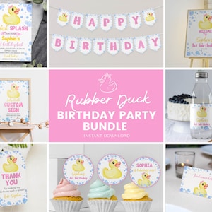 Bearbeitbares Gummi Enten 1. Geburtstagseinladungs-Paket, Gelbe Enten-Geburtstags-Kit, Mädchen 1. Geburtstagsparty-Paket. D008