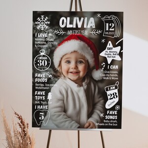Puede incluir: Un p&oacute;ster de hitos para el primer a&ntilde;o de Olivia con una foto central de un ni&ntilde;o con un gorro de Pap&aacute; Noel rojo y blanco. El fondo negro incluye texto y gr&aacute;ficos en blanco que detallan el peso, la altura, las comidas, juguetes y canciones favoritas.