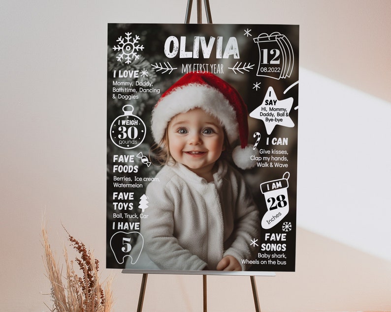 Puede incluir: Un p&oacute;ster de hitos para el primer a&ntilde;o de Olivia con una foto central de un ni&ntilde;o con un gorro de Pap&aacute; Noel rojo y blanco. El fondo negro incluye texto y gr&aacute;ficos en blanco que detallan el peso, la altura, las comidas, juguetes y canciones favoritas.