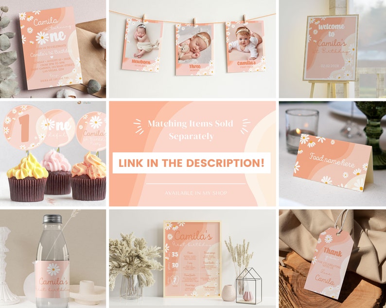 Peut inclure: Une collection de papeterie pour f&ecirc;te d'anniversaire avec un fond ondul&eacute; p&ecirc;che et blanc orn&eacute; de marguerites. L'ensemble comprend des invitations, des cartes photo, des d&eacute;corations de cupcakes, des &eacute;tiquettes alimentaires, des &eacute;tiquettes de bouteilles, des affiches et des &eacute;tiquettes de remerciement.