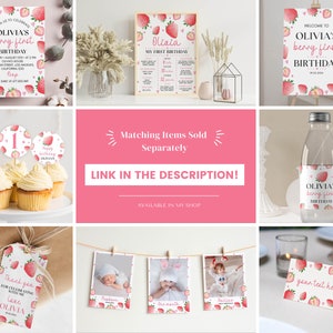 K&ouml;nnte beinhalten: Eine Sammlung von Partyzubeh&ouml;r zum ersten Geburtstag mit Erdbeermotiven, bestehend aus Einladungen, Meilensteintafeln, Cupcake-Toppern, Wasserflaschenetiketten, Geschenkanh&auml;ngern, Fotobannern und Platzkarten mit rosa Text und Erdbeeren.