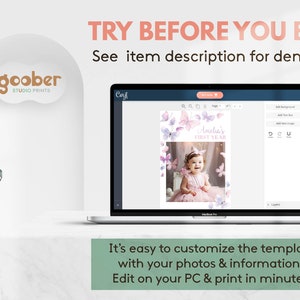 May include: A laptop screen shows a customizable template for a first birthday party invitation. The template features a pink and purple butterfly design with the text "Amelia's First Year".