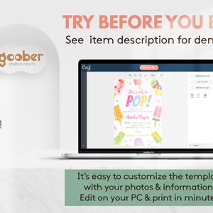 May include: A laptop displaying a digital invitation template with watercolor popsicle illustrations and the text She's ready to POP! The screen shows editing tools and a customizable layout for a baby shower event with colorful graphics.
