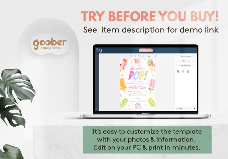 May include: A laptop displaying a digital invitation template with watercolor popsicle illustrations and the text She's ready to POP! The screen shows editing tools and a customizable layout for a baby shower event with colorful graphics.