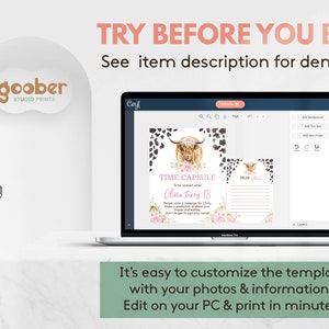May include: A laptop screen displaying a digital template for a time capsule and a "Drink Wine" card. The template features a watercolor illustration of a Highland cow with a floral wreath and a pink and white floral border. The text on the time capsule template reads "Time Capsule To be opened when Olivia turns 18".