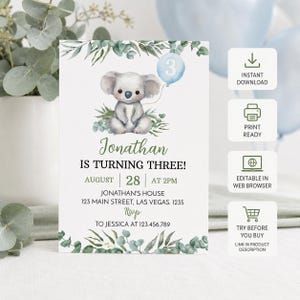 EDITABLE Koala Birthday Invitation, Koala Birthday Invite, Australian Animal Birthday Invitation, 3rd Birthday Invitation. Printable. K001 image 2