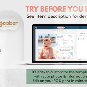 May include: A laptop screen displaying a customizable digital thank you card template featuring a photo of a baby and ocean-themed illustrations. The text reads TRY BEFORE YOU BUY! See item description for demo link and It&rsquo;s easy to customize.