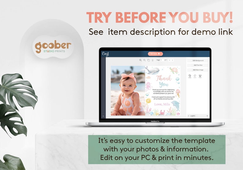 May include: A laptop screen displaying a customizable digital thank you card template featuring a photo of a baby and ocean-themed illustrations. The text reads TRY BEFORE YOU BUY! See item description for demo link and It&rsquo;s easy to customize.