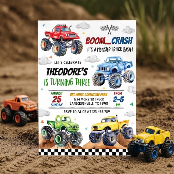 Monster Truck Birthday Invitation, Monster Truck Invite, Boy Birthday Invitation, Any Age, Printable Template, Instant Download. M012