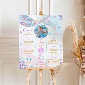 May include: A blue and purple mermaid-themed first birthday milestone poster with a photo of a baby girl. The poster includes the baby's name, Mayra, and details about her first year, including her age, height, weight, and favorite foods and songs.
