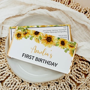 Sunflower Birthday Chocolate Wrapper, Boho Floral Girl 1st Birthday Candy Bar Wrapper, Rustic Sunflower Party Favor, Printable Template S014