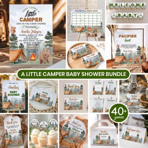 May include: A Little Camper baby shower bundle with invitations, games, and decorations. The design features a tent, bear, and forest elements. Includes a welcome banner, cupcake toppers, and thank you tags. The invitation reads "Here Comes a Little Camper".