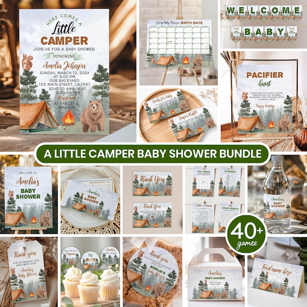 Little Camper Baby Shower Bundle, Camping Theme Party Decor, Woodland Baby Shower Games Set, Adventure Begin, Printable Template. C006