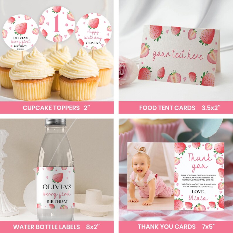 Pode incluir: Um conjunto de artigos de festa com tema de morango, incluindo topos de cupcake redondos, um cart&atilde;o dobrado com o texto 'your text here', um r&oacute;tulo de garrafa de &aacute;gua 'OLIVIA'S berry first BIRTHDAY' e um cart&atilde;o de agradecimento.