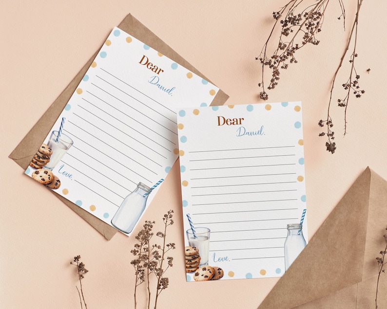 Op de afbeelding: Twee bedrukbare briefpapier-notitiekaarten met een blauw en oranje stippenpatroon. De kaarten tonen een melkfles en koekjes met de tekst "Beste Daniel." en "Liefde."