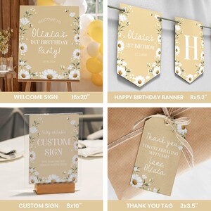 May include: A collection of party decorations with a daisy theme. Includes a welcome sign (16x20 inches), a banner (8x5.2 inches), a custom sign (8x10 inches), and thank you tags (2x3.5 inches). All items feature the text "Olivia's 1st Birthday Party!" and daisy floral accents.